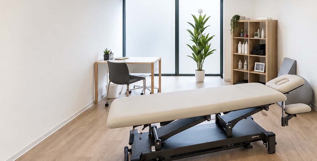 Behandlungsraum bei AG Therapie in Mülheim-Kärlich mit Therapieliege, Schreibtisch und Regal